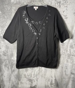 Suéter cárdigan para mujer Quacker Factory abotonado deslumbrante talla 1X negro - Imagen 1 de 5