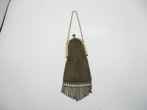 WHITING & DAVIS GOLD MESH PURSE w COBALT BLUE CLASP & CHAIN FRINGE ~ ANTIQUE - Picture 1 of 6