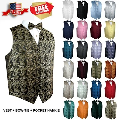 Men's Paisley Formal Tuxedo Vest, Bow-Tie & Hankie set. Wedding Prom Homecoming - Image 1 of 2