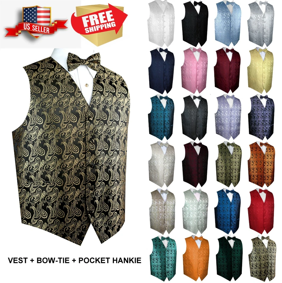 Men's Paisley Formal Tuxedo Vest, Bow-Tie & Hankie set. Wedding Prom Homecoming - Image 1 of 2