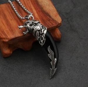 Men's Fashion Jewelry Silver Viking Wolf Black Ivory Pendant Necklace 1-230 - Picture 1 of 3