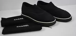 CHANEL Sz 36 Black Faux Pearl Trim Fabric CC Logo Loafers Slip On Shoes Italy 6 - Picture 1 of 18