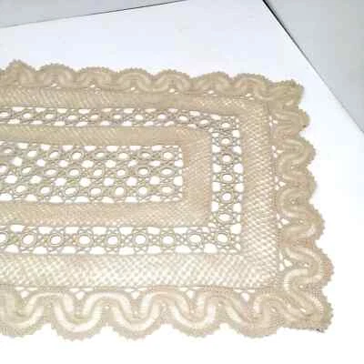 VINTAGE SKILFULLY HAND EMBROIDERED cotton lace  LINEN TRAY CLOTH table  RUNNER - Image 1 of 4