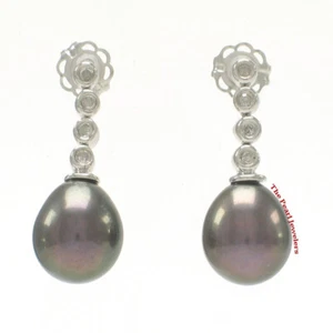 14k White Gold Diamonds Black Pearl Dangle Stud Earrings - Picture 1 of 15