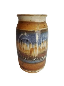 Vintage Stokes Pottery Stoneware Vase Signed Blues Browns Rustic Decor 7" - Picture 1 of 9