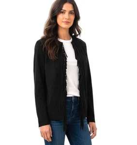 Women’s Vtg NOS Black Genuine Suede Leather Fringe Jacket Size Medium Lined M - Picture 1 of 10