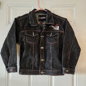 Vintage Cool J Jean Jacket Kids Size Medium 6 Black Denim Red White Embroidered  - Picture 1 of 6