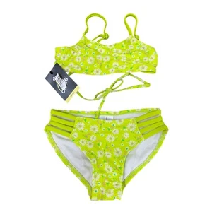 New Art Class Girls Medium (8) UPF 50+ Neon Yellow Floral Bikini 2PC Swimsuit - Picture 1 of 3
