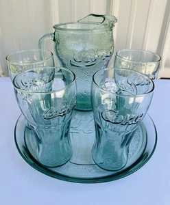 VTG Coca Cola Pebbled Green Glass Pitcher~4 Glasses & Tray Set~PRISTINE!! - Picture 1 of 10