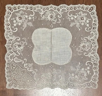 Antique Wedding Lace Handkerchief Victorian Embroidered - Изображение 1 из 4