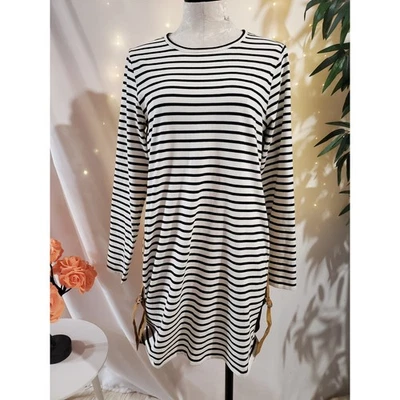 Derek Lam 10 Crosby Striped Cotton Buckle Shift Mini Tunic Dress Size L Buckle - Image 1 of 4