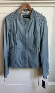 Giacca moto pelle blu polvere rivetto nero biker donna grande nuova con etichette - Foto 1 di 6