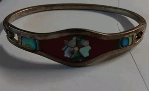 Brazalete Brazalete Flor Abulón Esmalte Rojo Tono Plata Vintage HECHO EN MEXICO  - Imagen 1 de 6