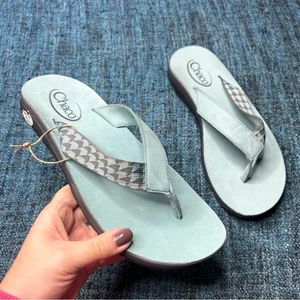 Chaco Teal Leather Houndstooth Flip Flop Sandals Women's Size 10 Slip On - Picture 1 of 6