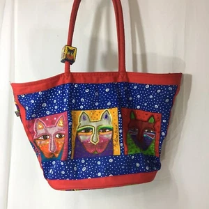 Laurel Burch Multicolored Cat Canvas Tote Bag Beaded Sequin Colorblock Charm - Picture 1 of 10