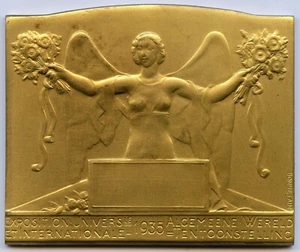Belgium Universal Exposition Brussels 1935 Art Medal by Bonnetain 80x65mm 190gr - Imagen 1 de 3
