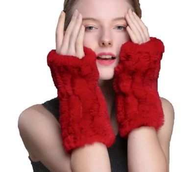 Winter Fur Glove Real Rex Rabbit Fur Mitten Double Side Tight Woven High Elastic - Image 1 of 4