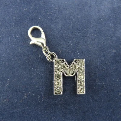 RHINESTONE Initial LETTER M Charm Zipper Pull Keychain Add On Clip Silver Tone - Image 1 of 4