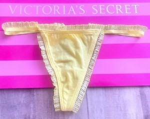 NWT Vtg Victoria's Secret Thong V-String Cotton Yellow Gold Ruffle XS Rare!