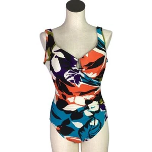 Miraclesuit Swimsuit Womens 14 White Multicolor Tropical Floral Padded Ruched - Picture 1 of 8