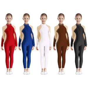 Kids Girls Jumpsuit Dance Leotard Mesh Bodysuit Performance Rompers One-Piece - Picture 1 of 61