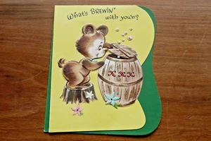 Vtg Unused Mechanical Volland Greeting Card What's Brewin With You'n? Bear & Keg - Picture 1 of 6