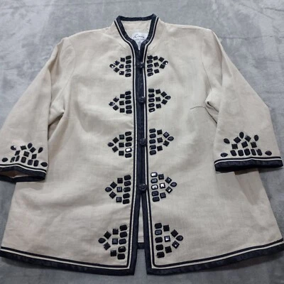 Linea by Louis Dell'Olio Linen Jacket Plus 1X Button Embroidered Lined Beaded - Image 1 of 4