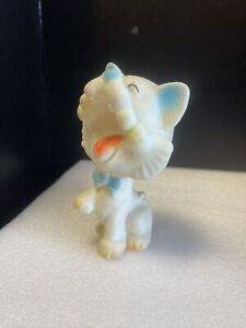 Rare 1970s Binky Vinyl  Rubber Cat Yawning Sitting Cat Squeaky Toy Blue Bow