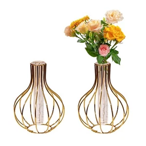 2 Pcs Gold Frame Vase with Glass Test Tubes Modern Bud Vase Geometric Art Vas... - Picture 1 of 7