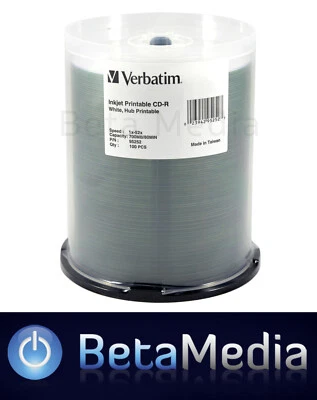 100 x Verbatim CD-R 52x blank discs - White Surface Inkjet Printable CD - Image 1 of 4