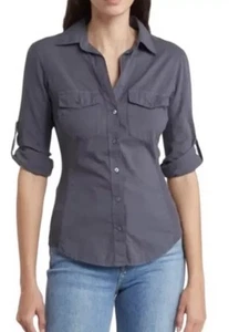 JAMES PERSE Gray Surplus Shirt Side Ribbed Panels Roll Tab Sleeves Blouse Size 2 - Picture 1 of 10