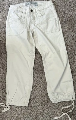 Mujer Vintage Y2K Guess Jeans Marfil Elástico Capris Talla 24 Corbata Corbata Parte Inferior LR Foto 1 de 4