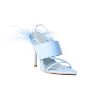Azalea Wang Chick Feather Decor Pointed Toe Sandal Heel Light Blue Womens Size 9 - Picture 1 of 9