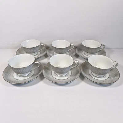 6 juegos de tazas y platillos Noritake Damasco con patas porcelana gris café vintage Japón Foto 1 de 4