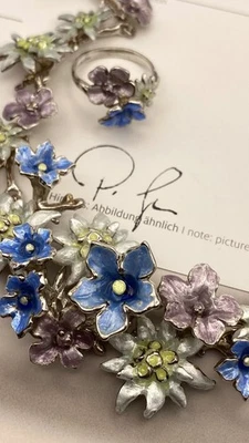 Rarität Set Ehinger Schwarz Collier Ring Alpenblühen 925 Silber Emaille Zertifkt - Bild 1 von 4