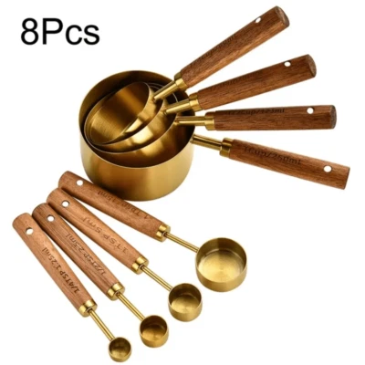 4/8Pcs/Set Stainless Steel Measuring Spoons & Cups with Wooden Handles Kitchen - Image 1 of 4