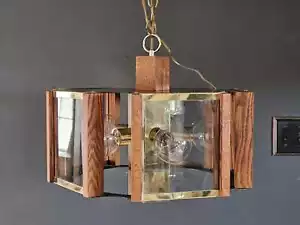 Midcentury Fredrick Ramond Chandelier, Hexagonal Brass & Oak Chandelier w/ Glass - Picture 1 of 10