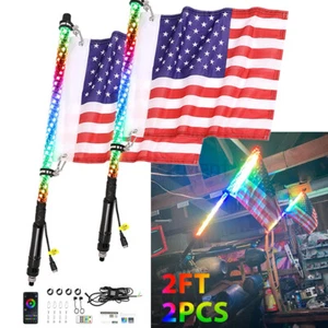 Pair 2FT Spiral LED Whip Light RGB w/ Flag & Remote For Can-Am Polaris Kawasaki - Picture 1 of 14