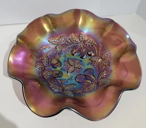 Vintage Northwood Amethyst Three Fruits Medallion Ruffled Bowl - Picture 1 of 10