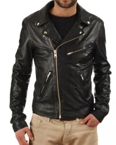 New Mens Leather Jacket real lambskin coat biker motorcycle racer cafe Slim M675 - Picture 1 of 3