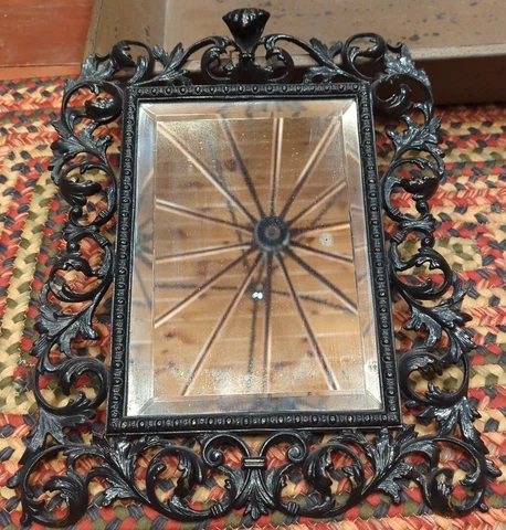 Antique Wall Mirror with Painted Brass Frame Very Pretty Black & Heavy Cover