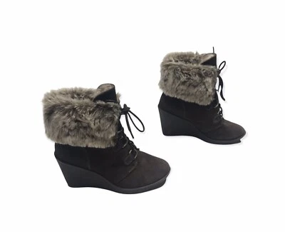 Bjorndal Boots Womans 6.5M Wedge Brown Suede Leather Lace Up Fur Accent Brown - Image 1 of 4