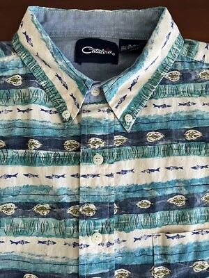 Catalina Abotonada Estampado de Peces Rayas Azul Mangas Cortas Hombre’s XL Foto 1 de 4