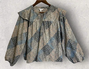 Time And Tru Shirt Womens Large 12-14 Ruffled Blue Beige Paisley Cotton Blend - Picture 1 of 13