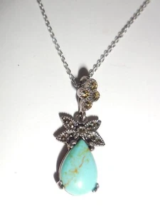 VINTAGE STERLING SILVER NECKLACE CHOKER TURQUOISE MARCASITE PENDANT DESIGN - Picture 1 of 7