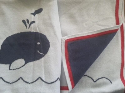 Pottery Barn Kids Whale Baby Blanket Knit Blue Red Reversible Fish Sea Life - Image 1 of 4