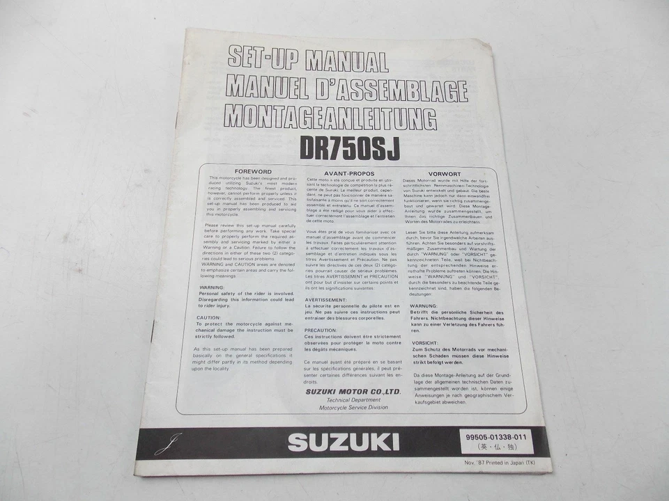 OEM 1987 Suzuki DR750-SJ Configuración Manual Inglés Francés Alemán - Imagen 1 de 1