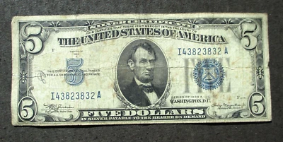 5 DOLLARS 1934 SILVER CERTIFICATE NOTE OF UNITED STATES I43823832A ~ BLUE SEAL - Image 1 of 3