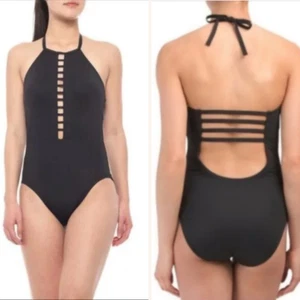 La Blanca Womens One Piece Halter Swim Suit sz 8 Strappy Hi Neck Keyhole Bathing - Picture 1 of 6