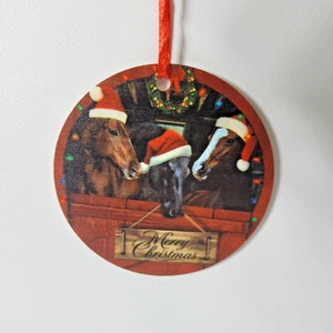 Acrylic Horse Ornament 3"x3" Round 3 Horses Sharing "Merry Christmas" - Picture 1 of 5